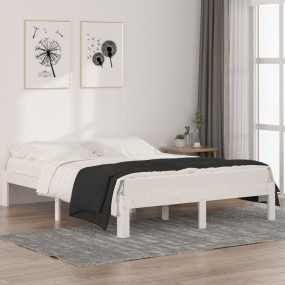 Bed Frame White Solid pine wood 55.1 x 74.8 in Wood Gra...
