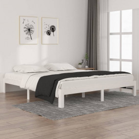 Bed Frame White Solid Pinewood, Plywood Super King Stur...