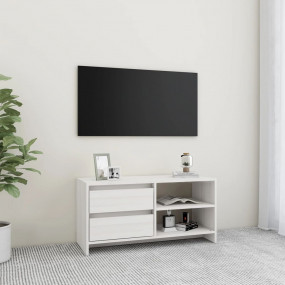 TV Cabinet White Solid Pinewood Medium TV Cabinet Recta...