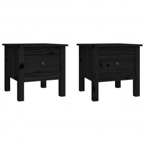 Side Table Set of 2 Black Solid Pine Wood Small Side Ta...