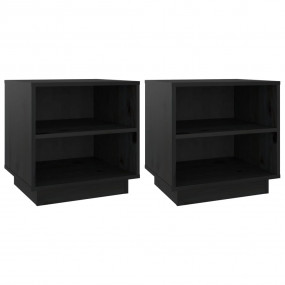 Bedside Cabinet Set of 2 Black Solid Pine Wood Medium