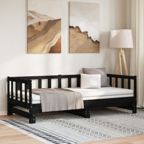 Day Bed Black Solid Pine Wood Double Pull-Out Rectangul...