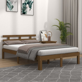 Bed Frame Honey Brown Solid Pine Wood and Plywood Slats...