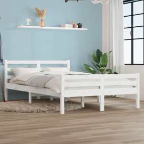 Bed Frame White Solid Pine Wood, Plywood Double Bed Fra...