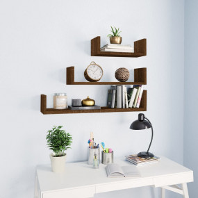 Wall Shelf Set of 3 Brown oak Engineered wood Large Wal...
