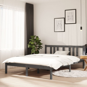 Bed Frame Gray Solid pine wood 53.1 x 74.8 in Double Be...