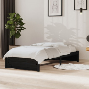 Bed Frame Black Solid pine wood, Plywood 35.4x74.8 in M...