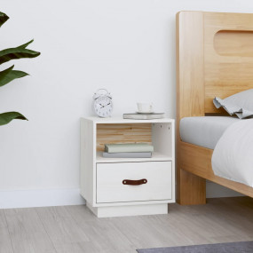 Bedside Cabinet White Solid pine wood, faux leather (ha...
