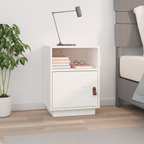 Bedside Cabinet White Solid Pine Wood, faux leather Med...
