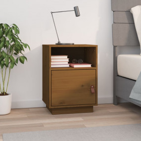 Bedside Cabinet Honey Brown Solid Pinewood, Faux Leathe...