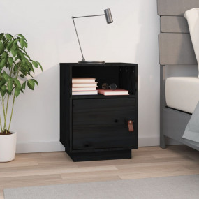 Bedside Cabinet Black Solid pine wood, faux leather