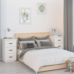 Bedside Cabinet Set of 2 White Solid Pine Wood Medium