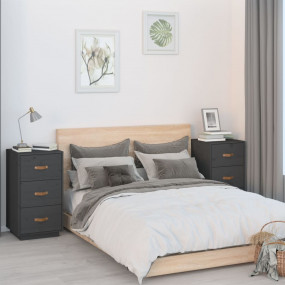 Bedside Cabinet Set of 2 Grey Solid Pine Wood Medium