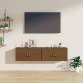 Wall Cabinet Set of 2 Honey Brown Solid Pine Wood, Engi...