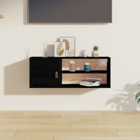 Wall Cabinet Black Solid Pine Wood, Faux Leather (Polyu...