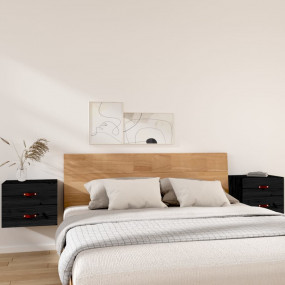 Wall-mounted Bedside Cabinet Set of 2 Black Solid pine ...