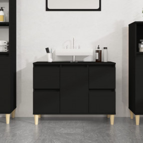 Sink Cabinet Black Engineered Wood and Solid Eucalyptus...