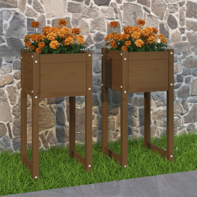 Planter Set of 2 Honey Brown Solid Pine Wood Medium