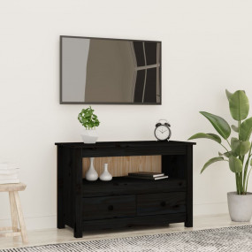 TV Cabinet Black Solid Pine Wood Compact TV Cabinet Rec...