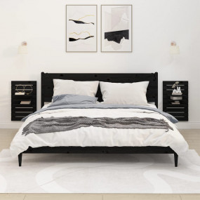 Wall-mounted Bedside Shelf Set of 2 Black Solid pine wo...