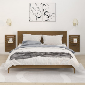 Wall-mounted Bedside Shelf Set of 2 Honey brown Solid p...