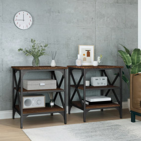 Side Table Set of 2 Brown Oak Engineered Wood, Steel St...