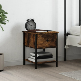 Bedside Table Smoked Oak Engineered Wood, Iron Compact