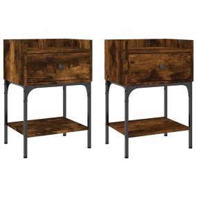 Bedside Table Set of 2 Smoked Oak Engineered Wood, Iron