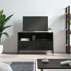 TV Cabinet Black Engineered Wood, Iron Medium TV Cabine...