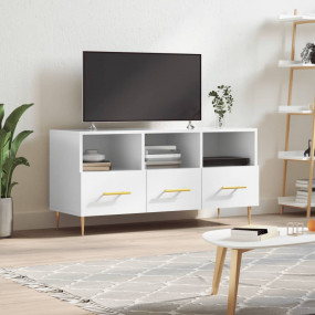 TV Cabinet High Gloss White Engineered Wood, Iron