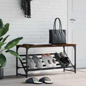 Shoe Rack Smoked Oak, Black Engineered wood, Powder-coa...