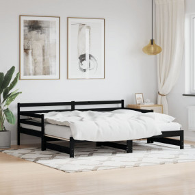 Daybed With Trundle Black Solid Pine Wood 35.4 x 78.7 i...