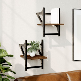 Wall Shelf Set of 2 Brown Oak Engineered Wood, Metal