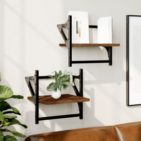 Wall Shelf Set of 2 Brown oak Engineered wood, metal Me...