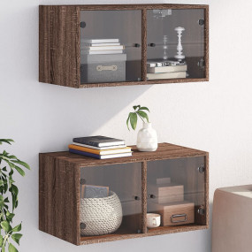 Wall Cabinet Set of 2 Brown oak Engineered wood, glass