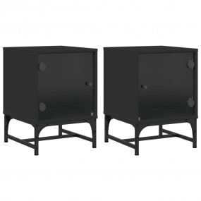 Bedside Cabinet Set of 2 Black Engineered wood, glass, ...