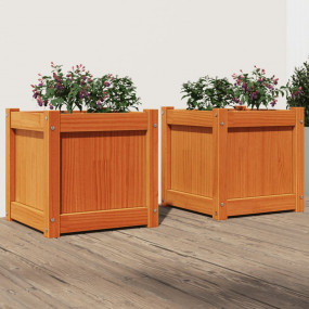 Garden Planter Set of 2 Wax Brown Solid Pine Wood Mediu...
