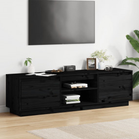 TV Cabinet Black Solid Pine Wood Medium TV Cabinet Rect...