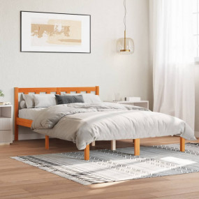 Bed Frame Wax Brown Solid Pine Wood, Plywood Double Bed...
