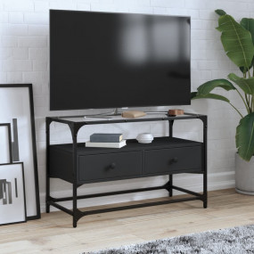 TV Cabinet Black Engineered Wood and Glass Medium TV Ca...