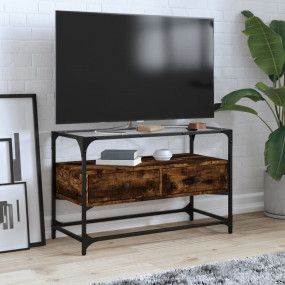 TV Cabinet Smoked Oak Engineered Wood and Glass Medium ...