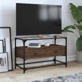 TV Cabinet Brown Oak Engineered Wood and Glass Medium T...