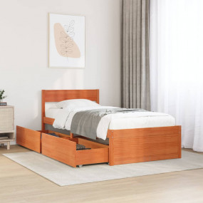 Bed Frame Wax Brown Solid Pine Wood, Plywood Twin Bed F...