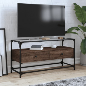 TV Cabinet Brown Oak Engineered Wood, Glass