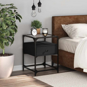 Bedside Cabinet Black Engineered wood, steel, glass