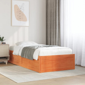Bed Frame Wax Brown Solid Pine Wood Twin Durable Bed Fr...