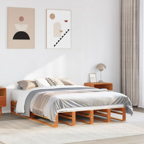 Bed Frame Wax Brown Solid Pine Wood 63 x 79 in Durable