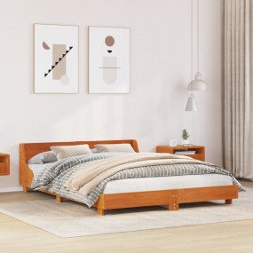 Bed Frame Wax Brown Solid pine wood, Plywood 63x79 in M...