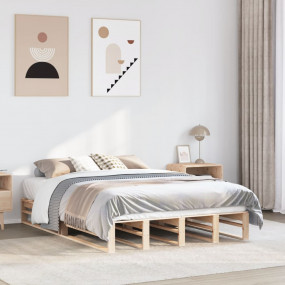Bed Frame Natural Wood Solid Pine Wood 55.1x78.7 in Stu...