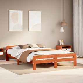 Bed Frame Wax Brown Solid Pinewood, Plywood King Size M...